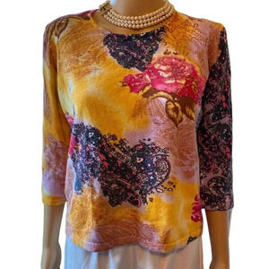 K.I.K. I.T Artsy Floral Print Sequins Beads Cotton Blend Sweater Women Size S